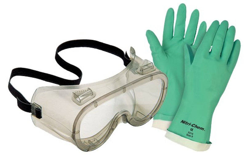 Protective eyewear and gloves to Cut Patio Pavers