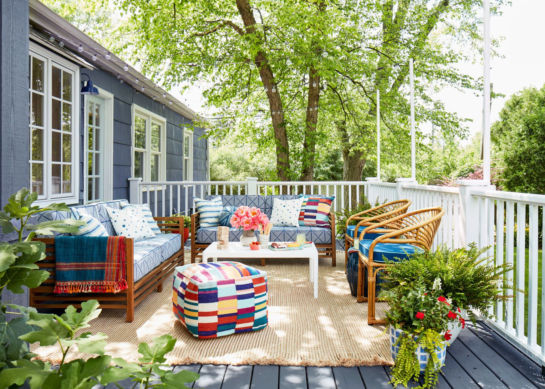 Add some furniture and cushions to decorate two-tone patio